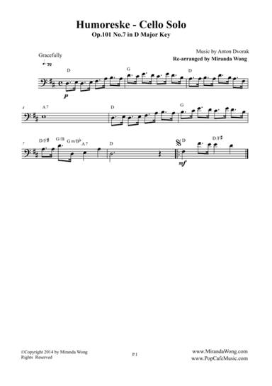 Humoreske Op.101 No.7 - Lead Sheet for Cello Solo (Bass Clef) (arr. Miranda Wong)