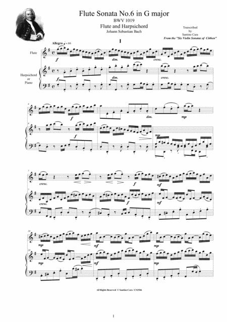 Bach - Flute Sonata No.6 in G major BWV 1019 for Flute and Harpsichord (or Piano) (arr. Santino Cara)
