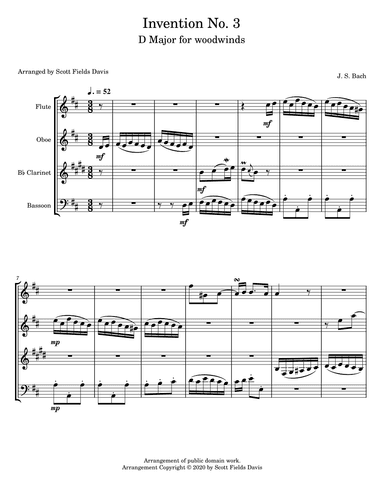Bach Invention No. 3 for Woodwind quartet (arr. Scott Fields Davis)