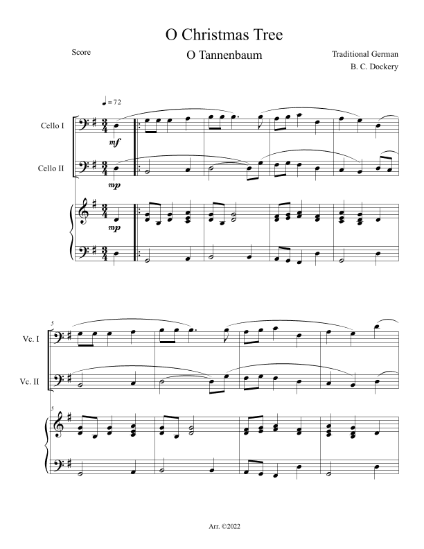 O Christmas Tree (O Tannenbaum) for Cello Duet with Piano Accompaniment (arr. B. C. Dockery)