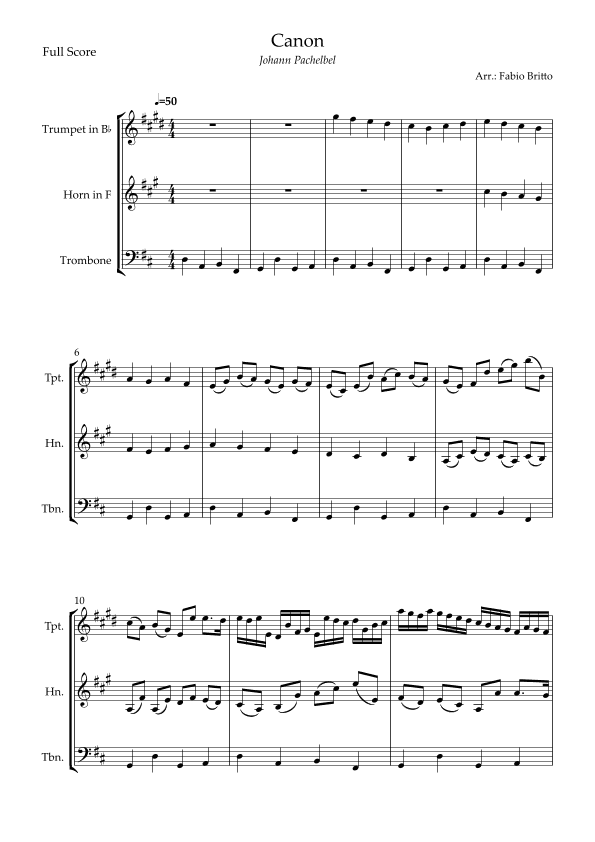 Canon - Johann Pachelbel (Wedding/Reduced Version) for Brass Trio (arr. Fabio Britto)