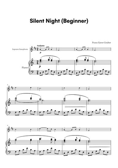 Franz Xaver Gruber - Silent Night Beginner (for Soprano Saxophone and Piano) (arr. Cadenza Editions)
