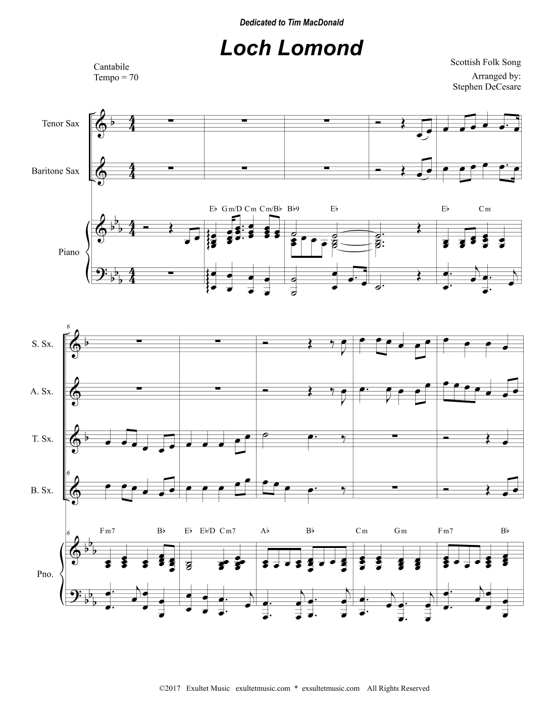 Loch Lomond (Saxophone Quartet and Piano) (arr. Stephen DeCesare)