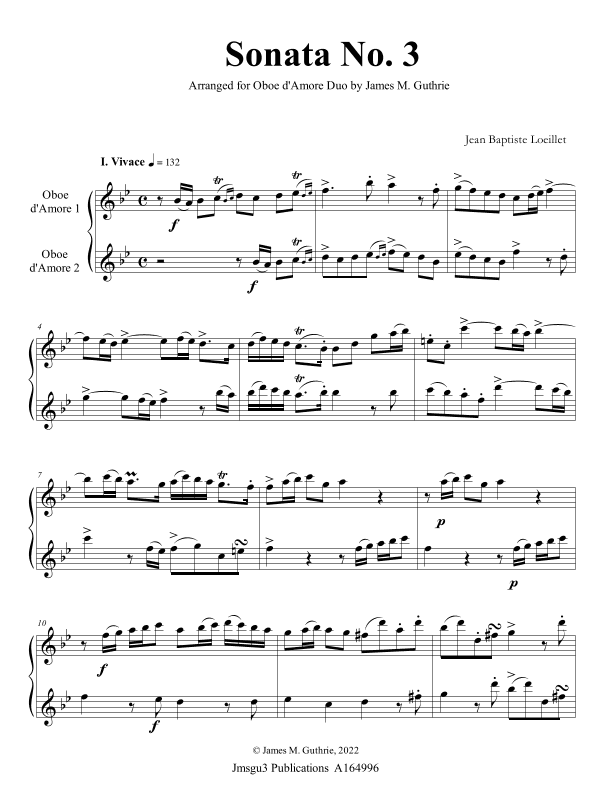Loeillet: Sonata No. 3 for Oboe d’Amore Duo (arr. James M. Guthrie)
