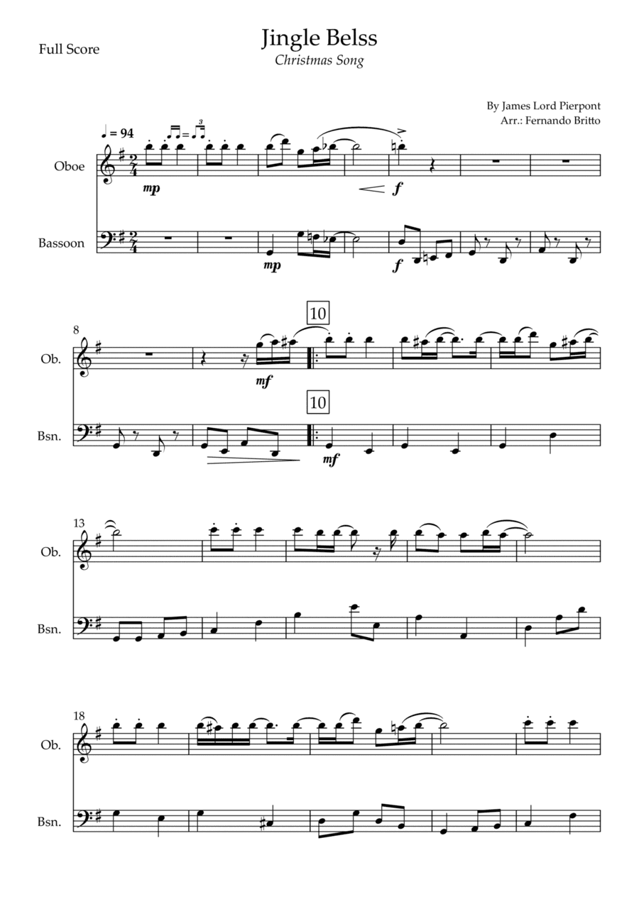 Jingle Bells - Jazz Version (Christmas Song) for Oboe & Bassoon  Duo (arr. Fernando Britto)