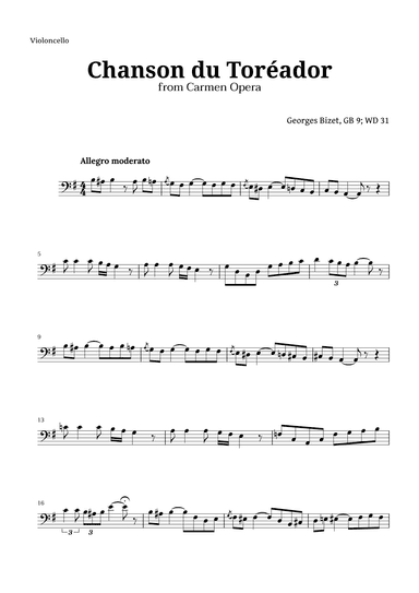 Chanson du Toreador by Bizet for Cello (arr. Langanho)