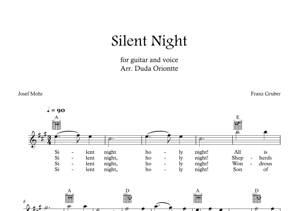 Silent Night (A major - TABS - with lyrics) (arr. Duda Oriontte)