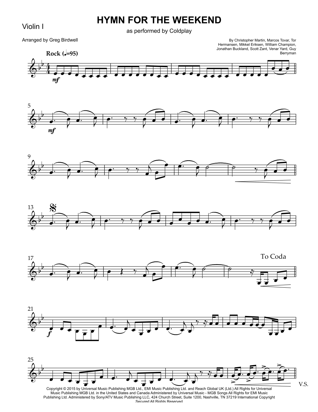 Hymn For The Weekend (arr. Greg Birdwell)