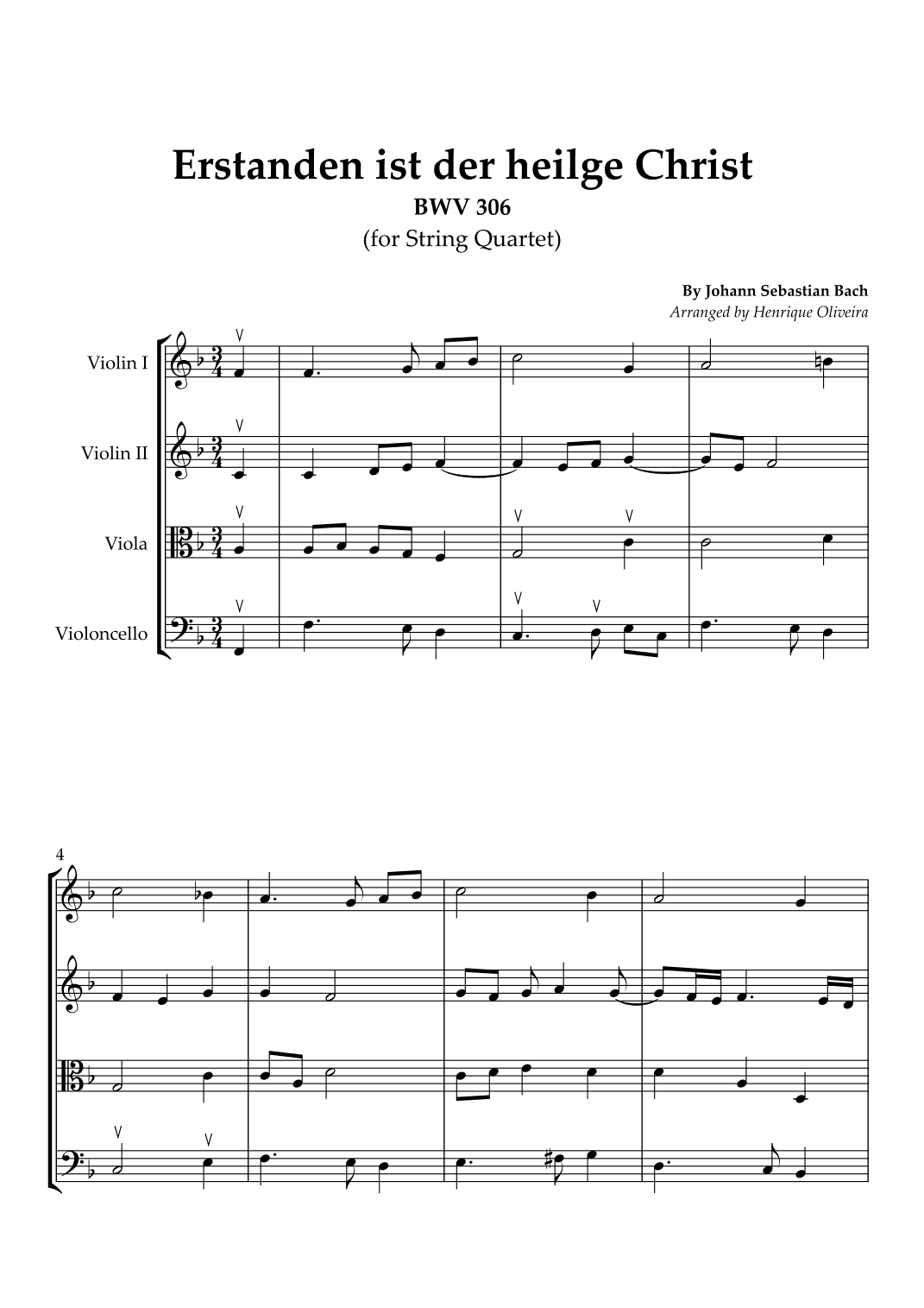 5 Bach's Chorals (String Quartet) - Beginner Level (arr. Henrique Oliveira)