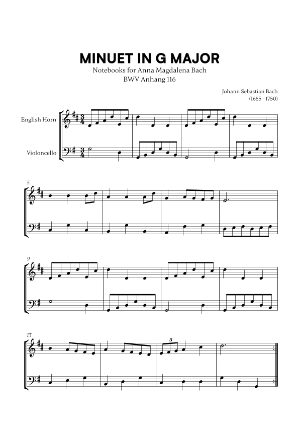 Minuet in G Major (BWV Anh. 116) (for English Horn and Cello) (arr. Cadenza Editions)