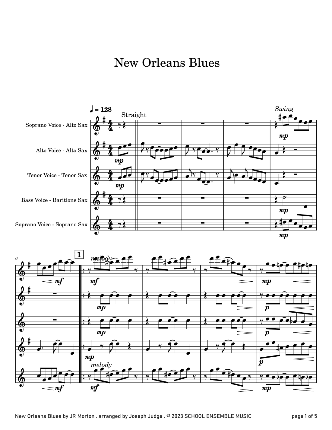 New Orleans Blues by JR Morton for Saxophone Quartet in Schools (arr. Joseph Judge)