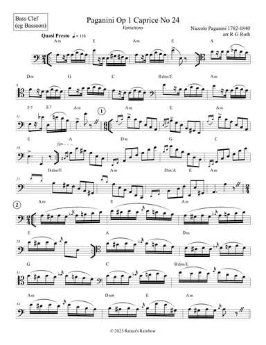Paganini Op 1 Caprice No 24 Variations For Solo Bassoon (arr. R G Roth)