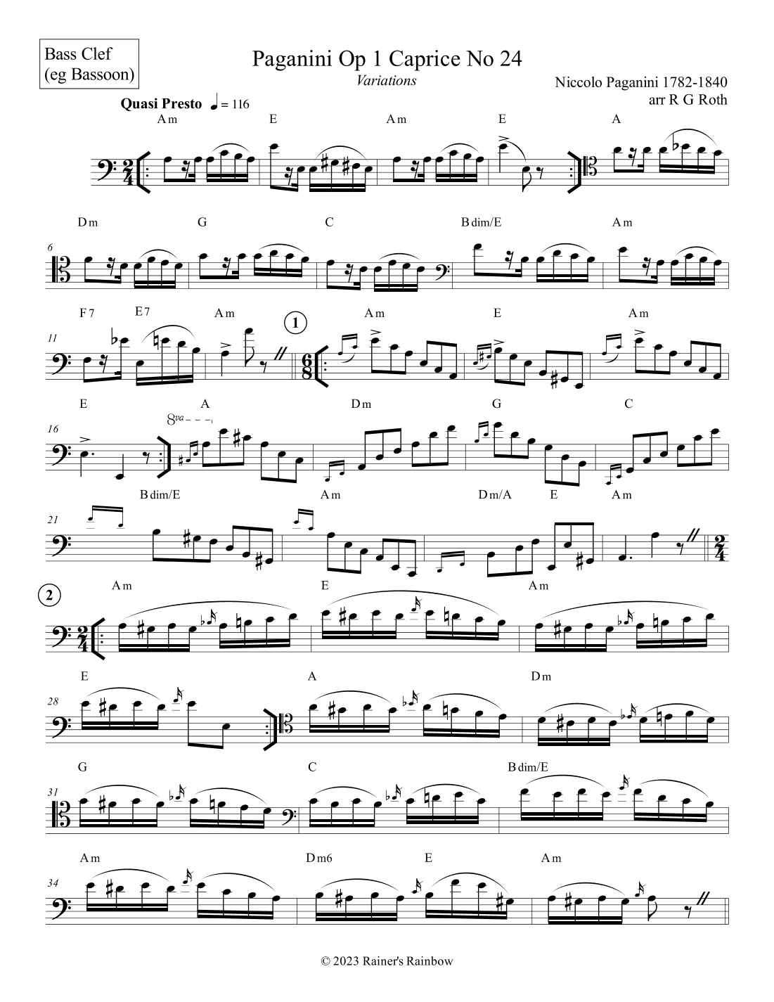 Paganini Op 1 Caprice No 24 Variations For Solo Bassoon (arr. R G Roth)