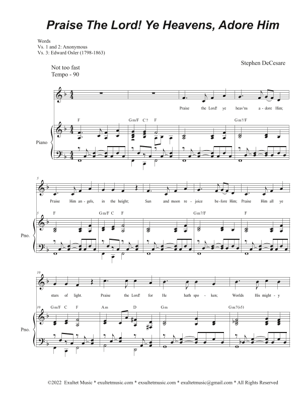 Praise The Lord! Ye Heavens, Adore Him (Unison choir - High Key)