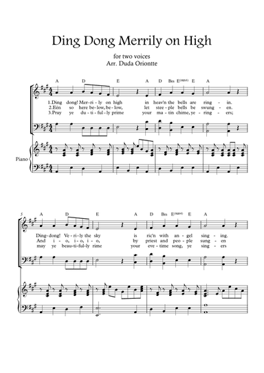 Ding Dong Merrily on High  (two mixed voice - A major - with chords - with piano) (arr. Duda Oriontte)