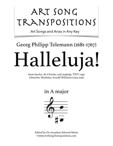 TELEMANN: Halleluja! TWV 1:955 (transposed to A major) (arr. ArtSongTranspositions.com)