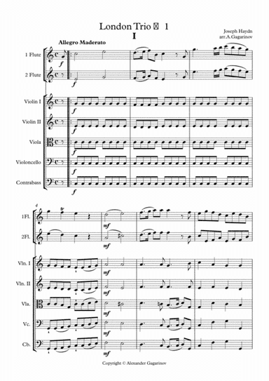 London Trio ?1 (Divertimento in C major, Hob.IV:1), for 2 Flute & Strings (arr.), Full Score & Set (arr. Alexander Gagarinov)