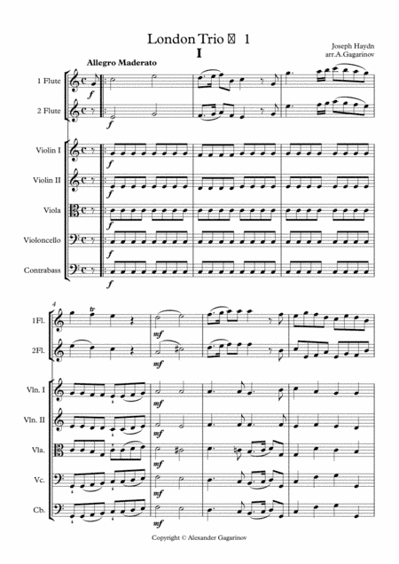 London Trio ?1 (Divertimento in C major, Hob.IV:1), for 2 Flute & Strings (arr.), Full Score & Set (arr. Alexander Gagarinov)