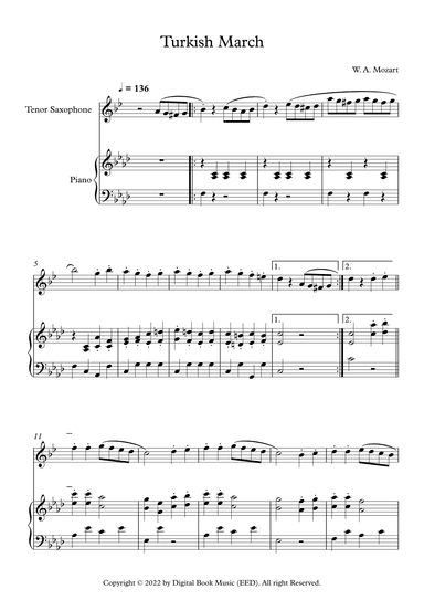 Turkish March - Wolfgang Amadeus Mozart (Tenor Sax + Piano) (arr. Digital Book Music)