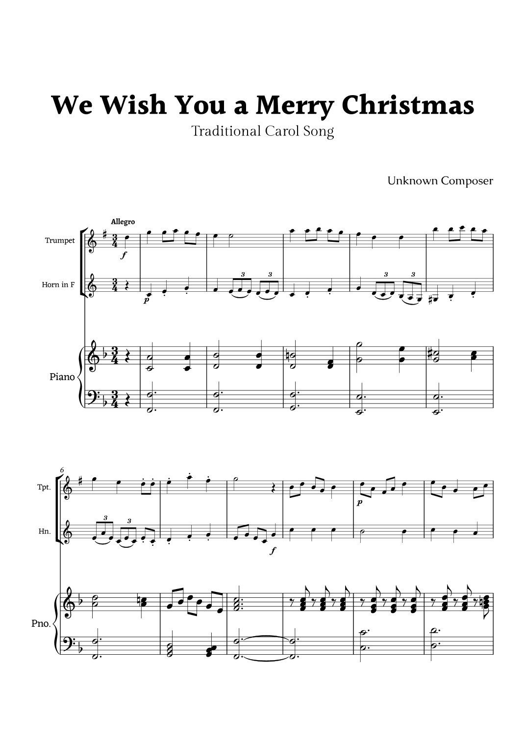 We Wish you a Merry Christmas for Trumpet and French Horn Duet with Piano (arr. Rika K.)