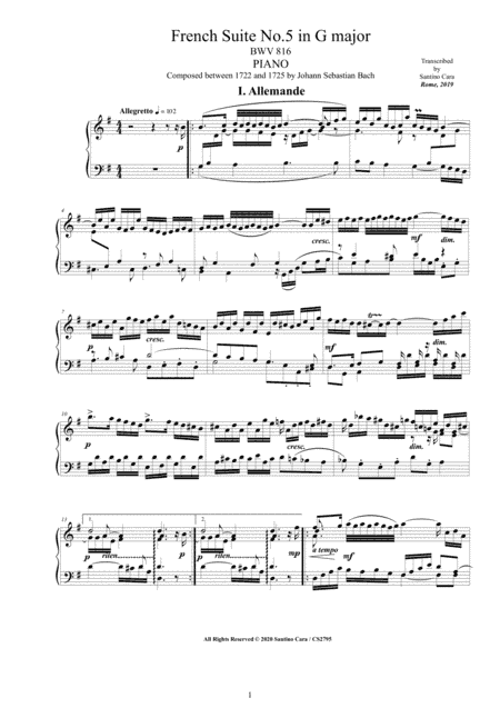 Bach - French Suite No.5 in G major BWV 816 for Piano (arr. Santino Cara)