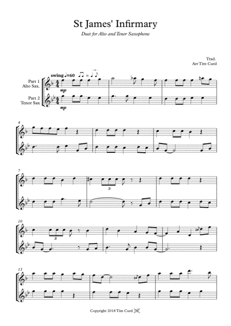 St James' Infirmary. Duet for Alto and Tenor Sax (arr. Tim Curd.)