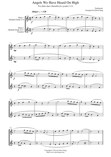 Angels We Have Heard On High (for flute duet, suitable for grades 2-6) (arr. Edwin Sung)