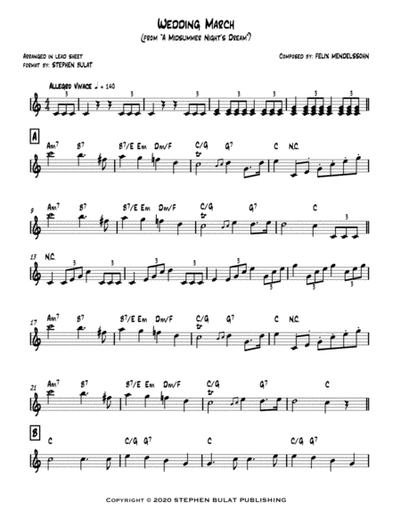 Wedding March (Mendelssohn) from A Midsummer Night's Dream - lead sheet in original key of C (arr. Stephen Bulat)