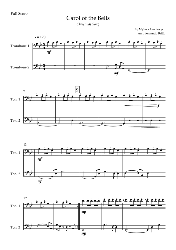 Carol of the Bells in Jazz Version (Christmas Song) for Trombone Duo (arr. Fabio Britto)