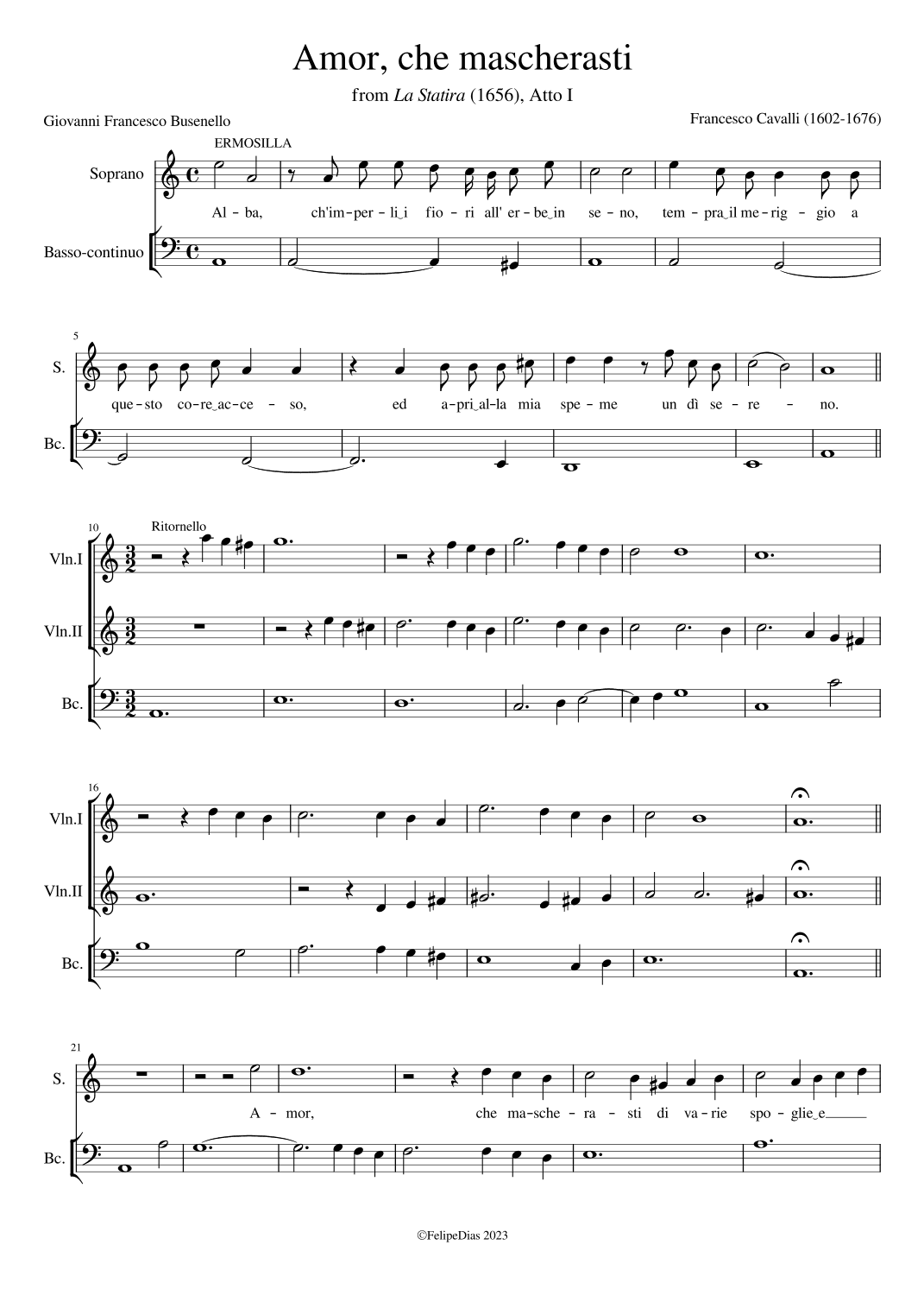 Amor che mascherasti (from La Statira) (arr. Early Music Scores)