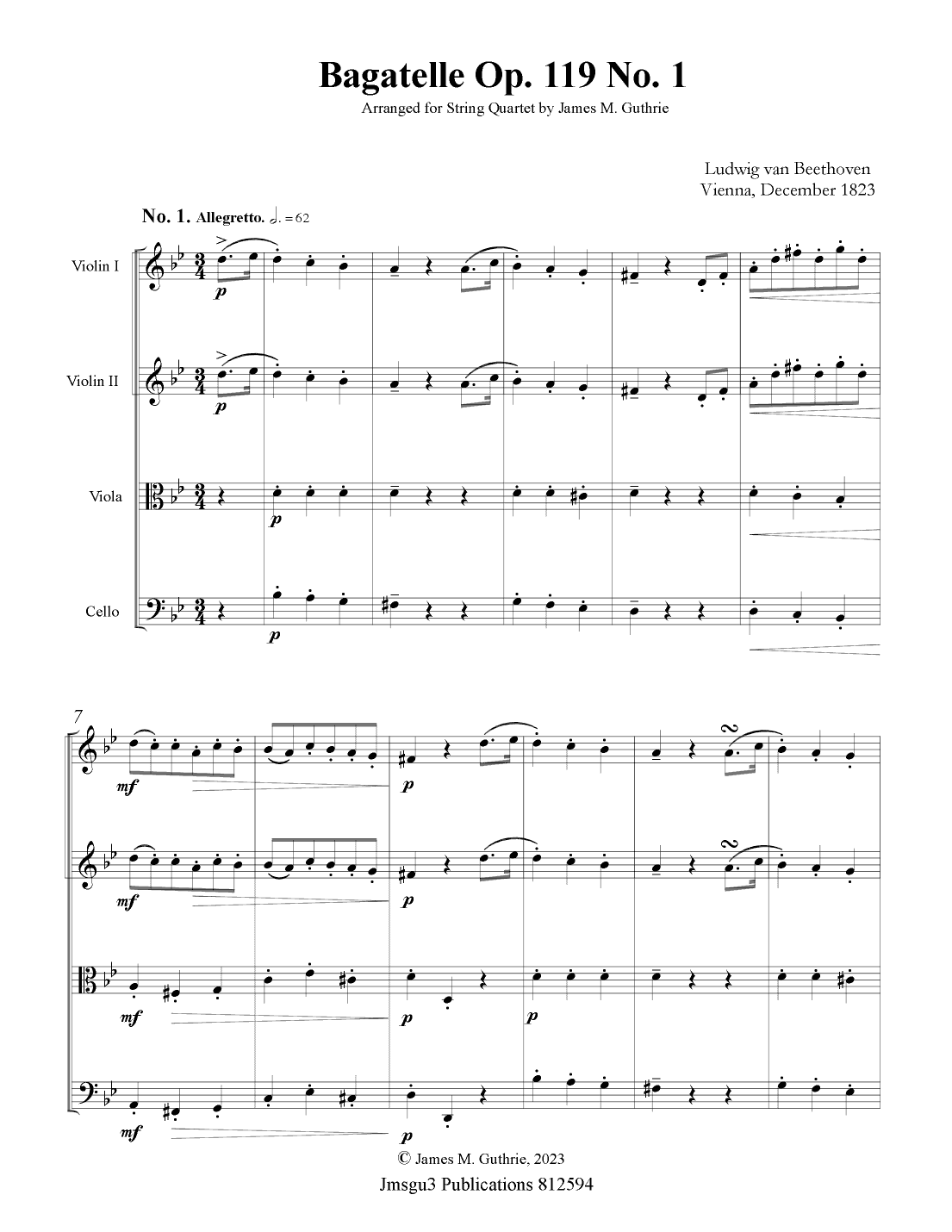 Beethoven: Bagatelle Op. 119 No. 1 for String Quartet (arr. James M. Guthrie, ASCAP)