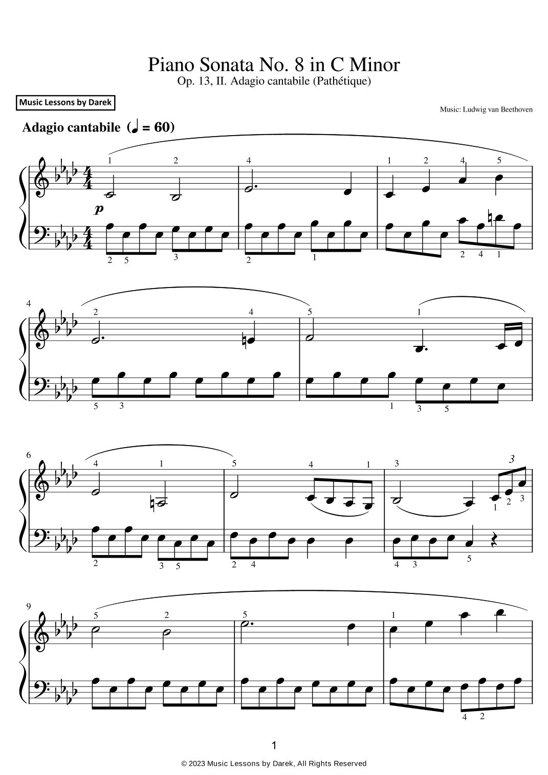 Piano Sonata No. 8 in C Minor (EASY PIANO) Op. 13, II. Adagio cantabile (Pathétique) (arr. Darek)