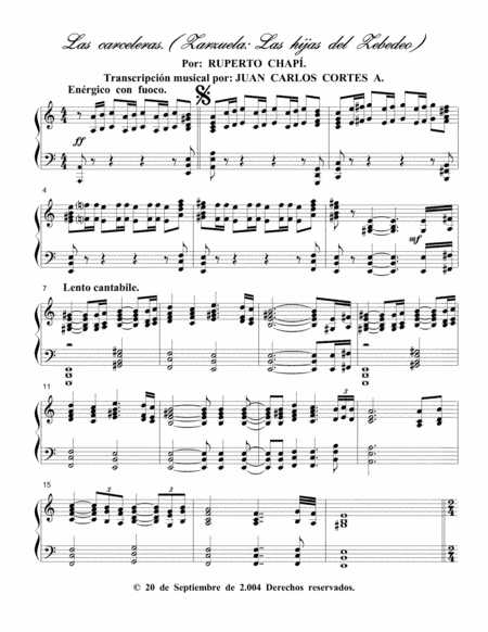 Carceleras de la Zarzuela Las hijas del Zebedeo por Ruperto Chapí para Piano Solo (arr. Juan Carlos Cortés Aguirre)