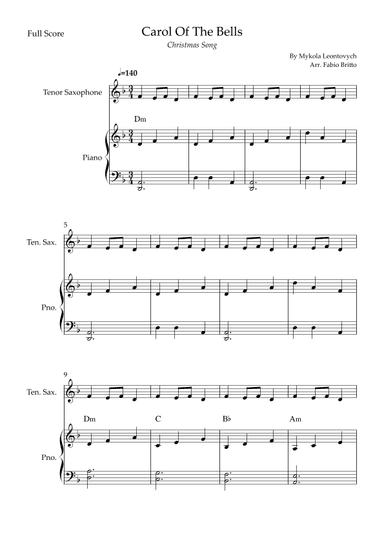 Carol Of The Bells (Christmas Song) for Tenor Saxophone Solo and Piano Accompaniment with Chords (arr. Fabio Britto)