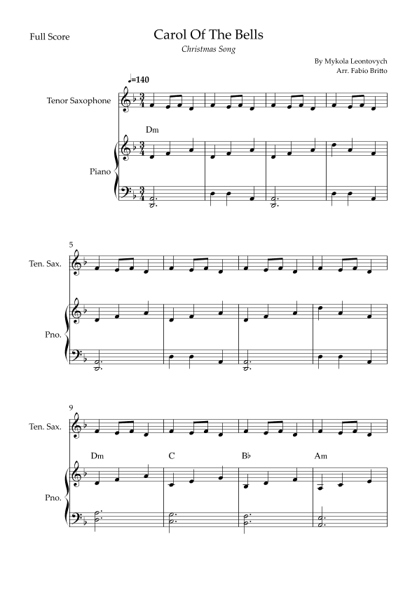 Carol Of The Bells (Christmas Song) for Tenor Saxophone Solo and Piano Accompaniment with Chords (arr. Fabio Britto)