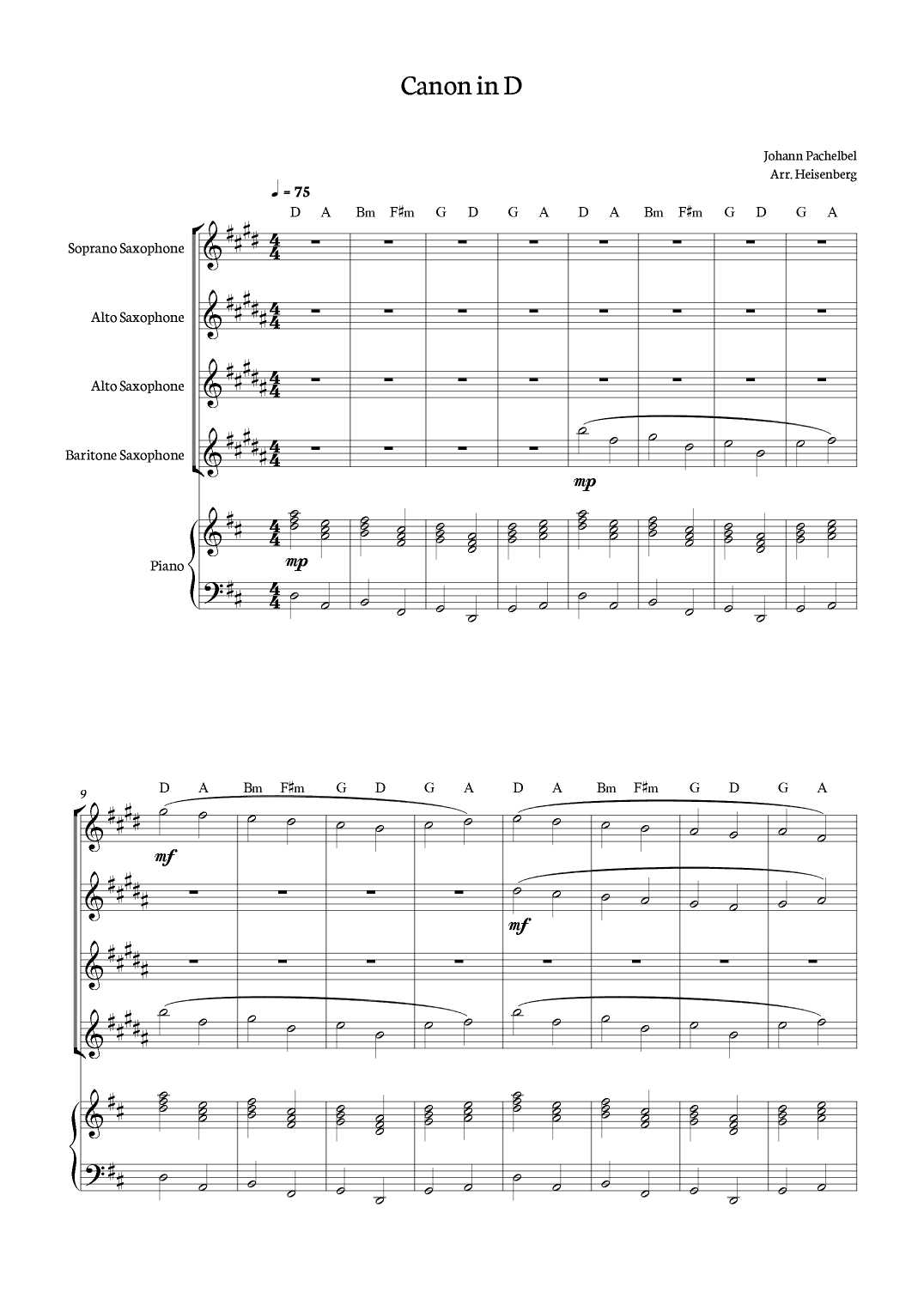 Canon in D - Pachelbel for Sax Quartet with piano and chords. (arr. Heisenberg)