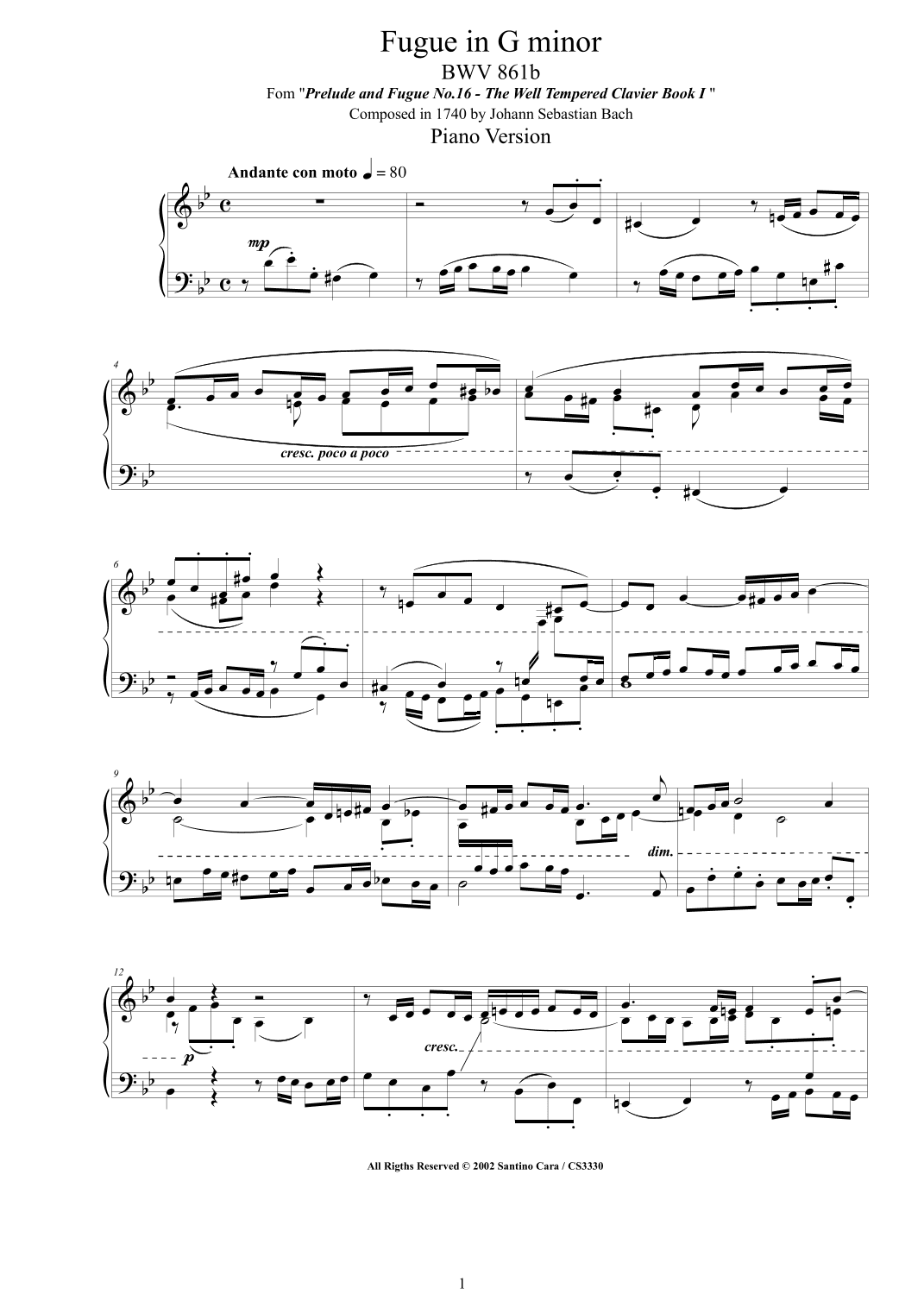 Bach - Fugue in G minor BWV 861b - Piano version (arr. Santino Cara)