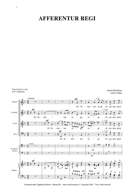 AFFERENTUR REGI - WAB 1 - BRUCKNER - SATB Choir, Tbn (ad lib.) and Organ (arr. R. Tagliabue)