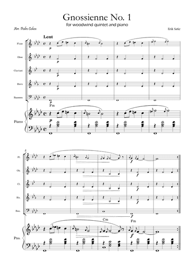 Gnossienne No. 1 – for Woodwind Quintet and Piano with chords (arr. Pedro Cohen)