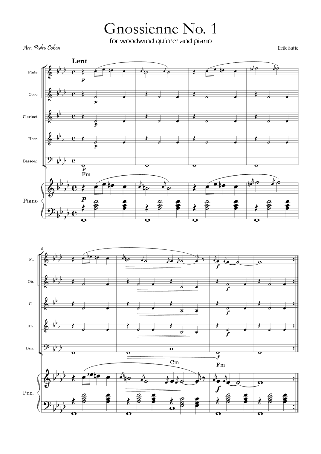 Gnossienne No. 1 – for Woodwind Quintet and Piano with chords (arr. Pedro Cohen)