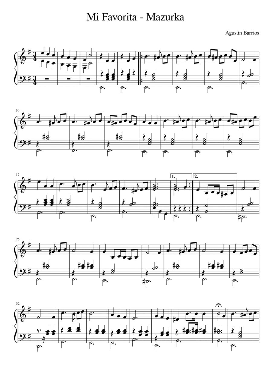 Mi Favorita - Barrios - Mazurka - For Piano (arr. Neil Meyer)