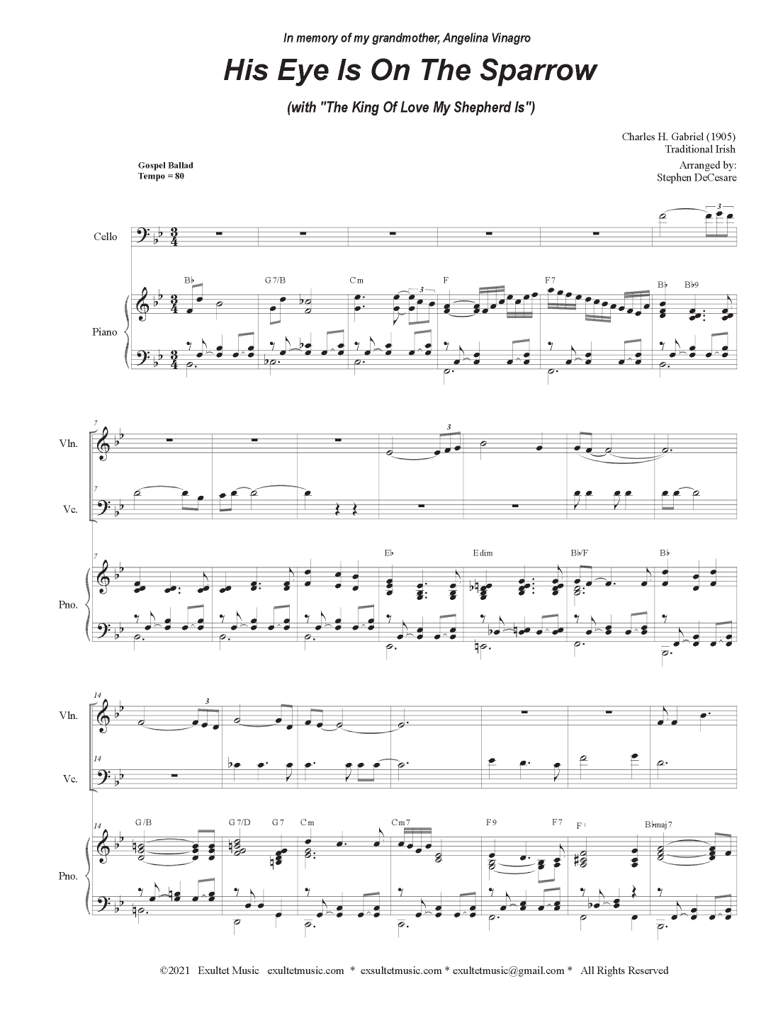 His Eye Is On The Sparrow (with "The King Of Love My Shepherd Is") (Duet for Violin and Cello) (arr. Stephen DeCesare)