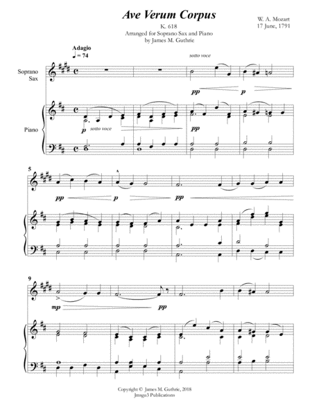 Mozart: Ave Verum Corpus for Soprano Sax & Piano (arr. James M. Guthrie, ASCAP)