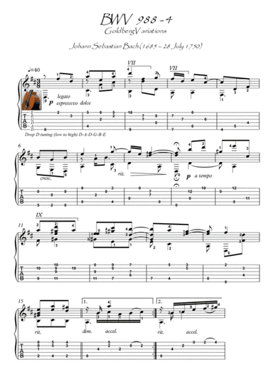 Bach for Guitar GoldBerg Variations BWV 988-4 (arr. PianoSheetNow)