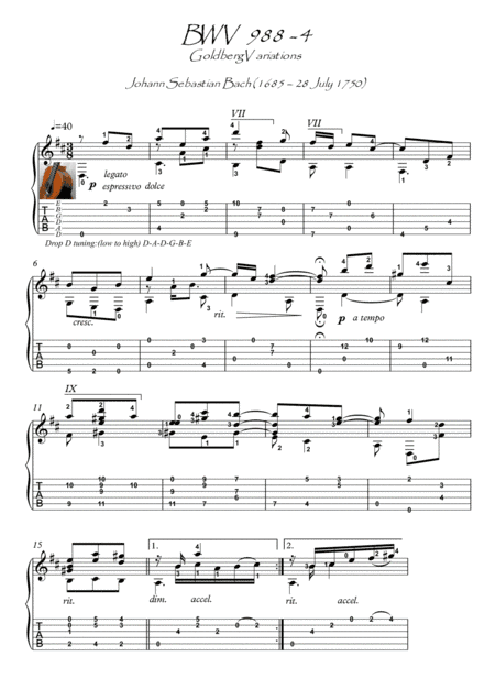 Bach for Guitar GoldBerg Variations BWV 988-4 (arr. PianoSheetNow)