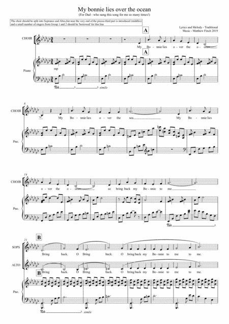 My bonnie lies over the ocean - SA (2 part) (arr. Finch Music)