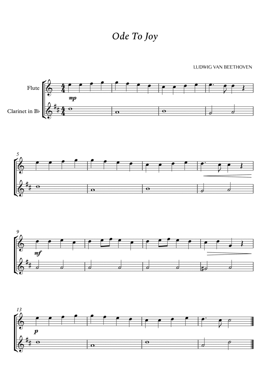Beethoven - Ode to Joy for Flute and Clarinet in Bb (Easy) (arr. Cássio Silva Chaves)