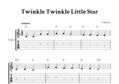 Twinkle Twinkle Little Star - (C Major - with TAB, Chords) (arr. Yuri Noronha)
