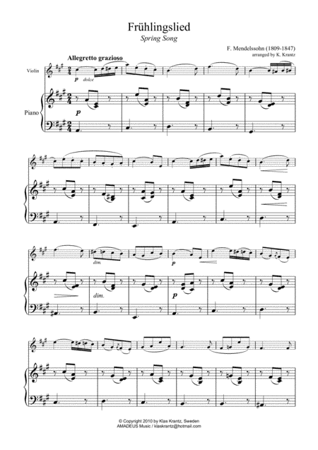 Fruhlingslied, Lieder ohne Worte Op. 62, Spring Song for violin and easy piano (arr. Amadeus Music)