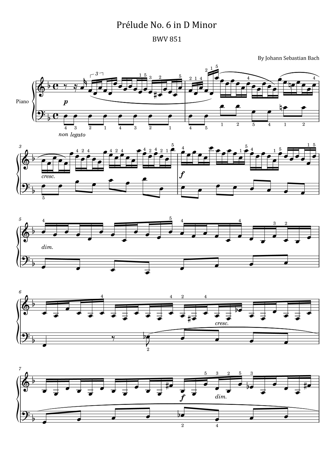 Bach - Prélude No. 6 in D Minor - BWV 851 - Original With Fingered - For Piano Solo (arr. poon)